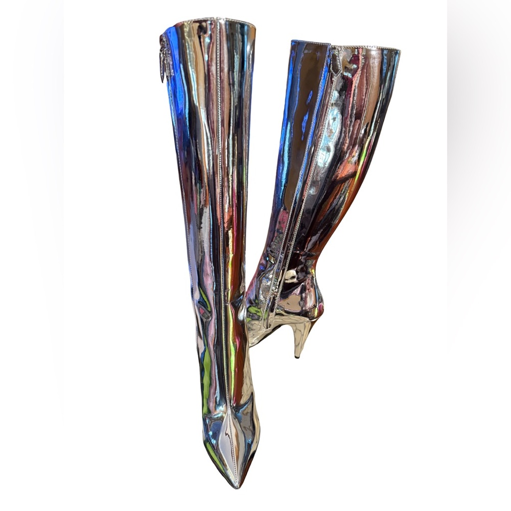Moschino NWT Sz 38 Vero Cucio Silver Metallic Knee-High Stiletto Boots (SH292) - Picture 9 of 15